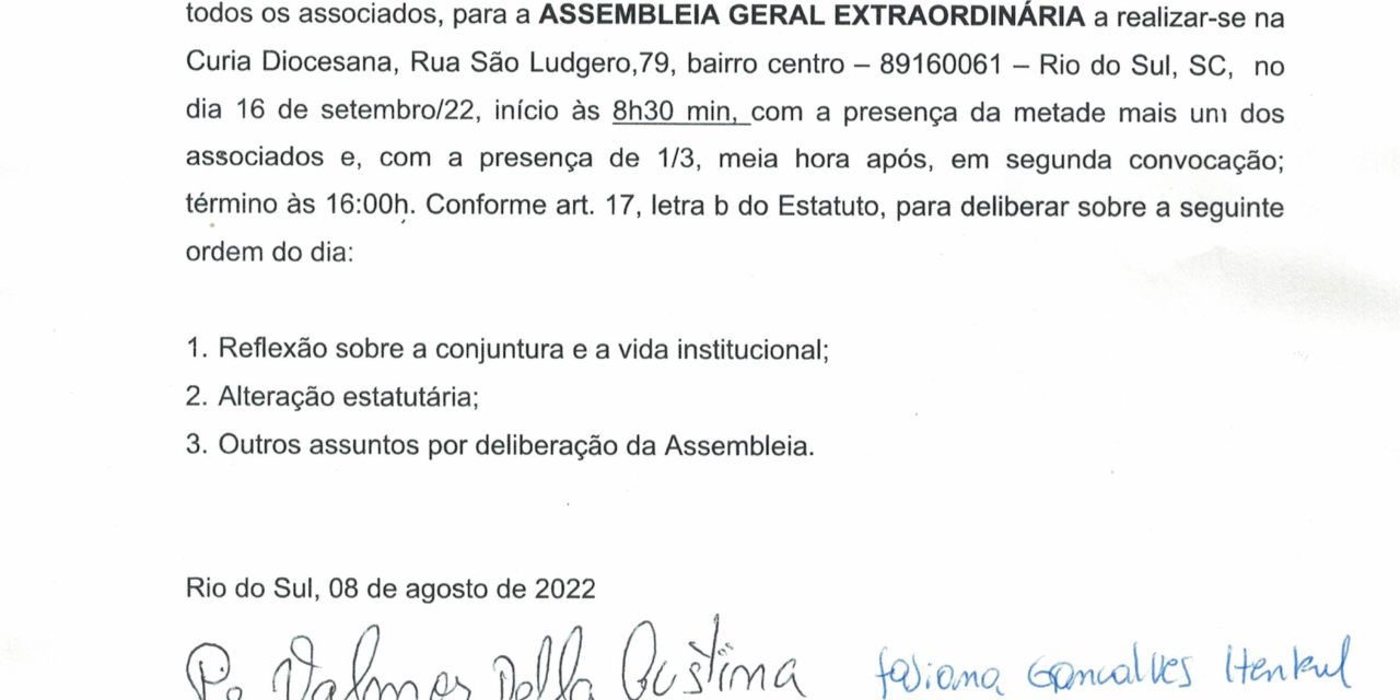 Edital de Convocação de Assembleia Geral Extraordinária da Cáritas Diocesana de Rio do Sul