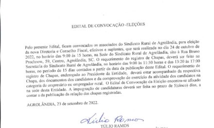 Edital de Convocação de Eleições do Sindicato Rural de Agrolândia